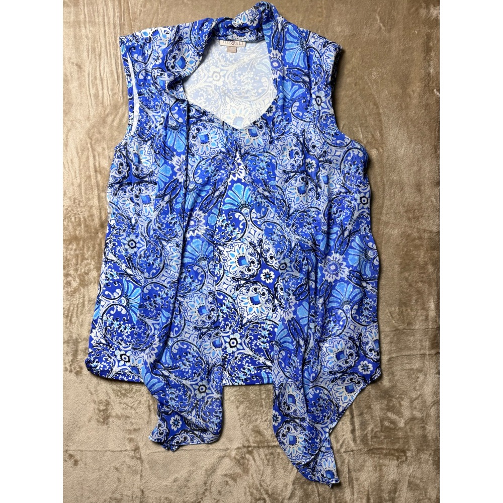 Roz & Ali Womens Blue Paisley Medallion Tie Neck Sleeveless Blouse Size S